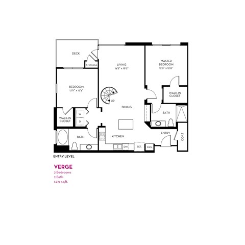 Floor plan for 2 beds, 2 baths, 1274 sqft